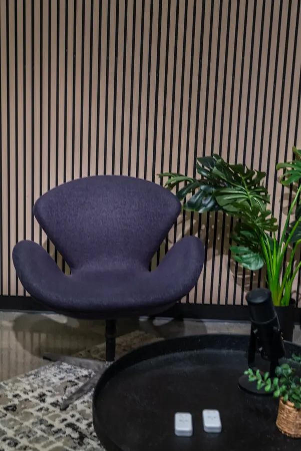 Armchair and microphone on the podcast set